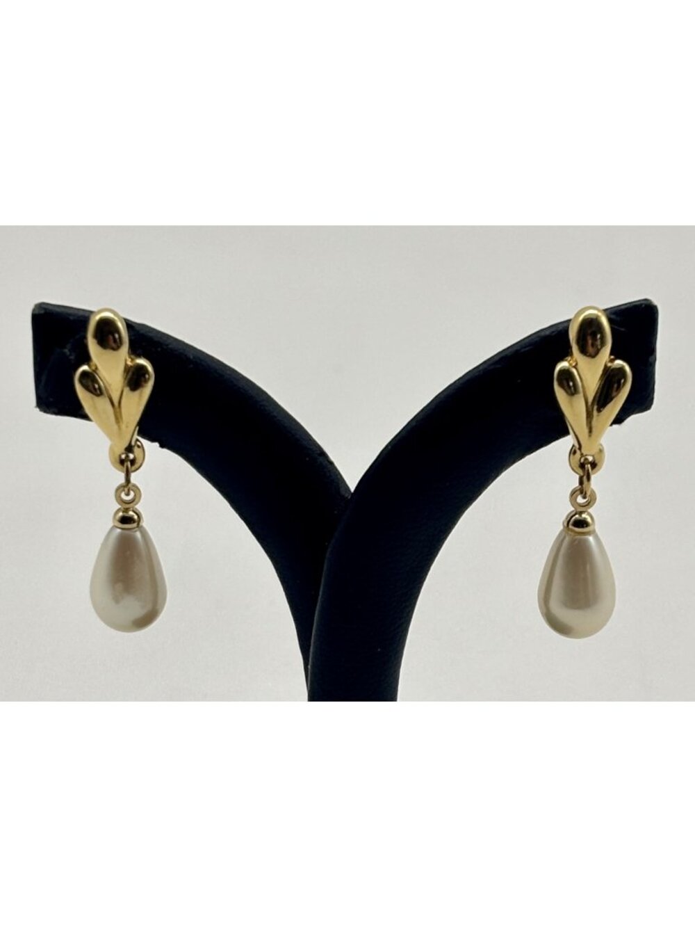 Vintage Crown Trifari Gold-Tone & Faux Pearl Drop Dangle Pierced Earrings Signed